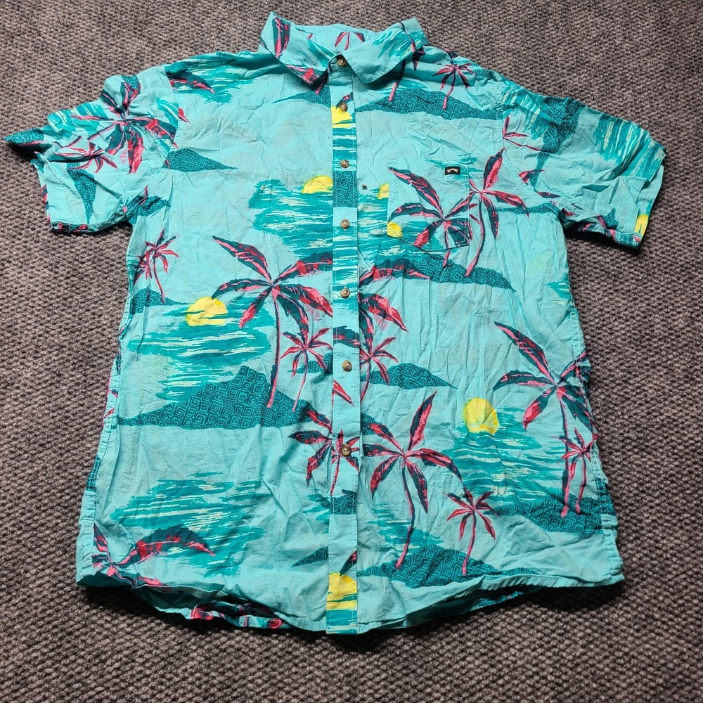 Billabong Hawaiian Shirt Mens XL Turquoise Floral Sundays Short Sleeve Button Up